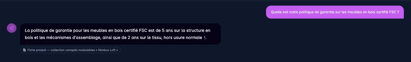 Réponse d'AI Knowledge Hub avec deux documents cités sous le texte